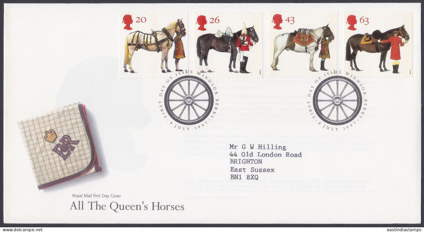 GB Great Britain 1997 FDC Queen's Horses, Horse, Royal, Royalty, Pictorial Postmark, First Day Cover - Cartas & Documentos