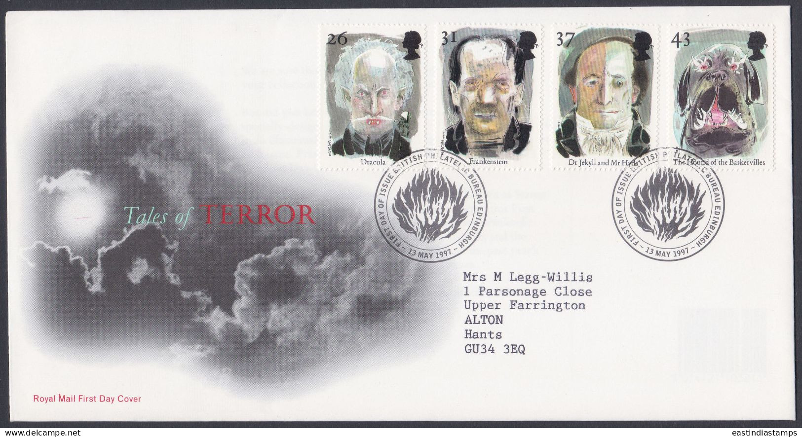 GB Great Britain 1997 FDC Horror Stories, Dracula, Frankenstein, Sherlock Holmes, Pictorial Postmark, First Day Cover - Cartas & Documentos