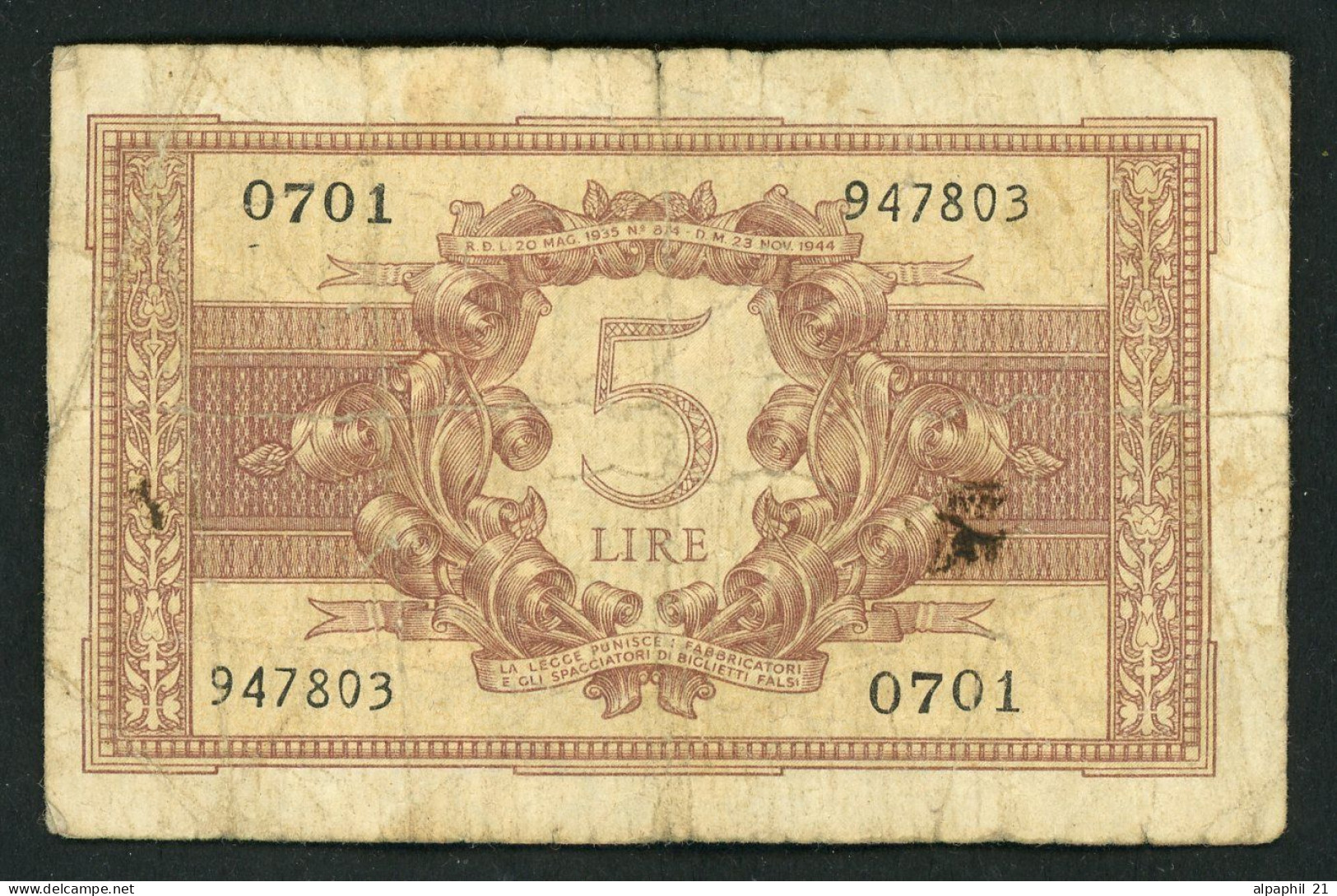 BANCONOTA ITALIA REGNO L.5 BIGLIETTO DI STATO - Italia – 5 Lire