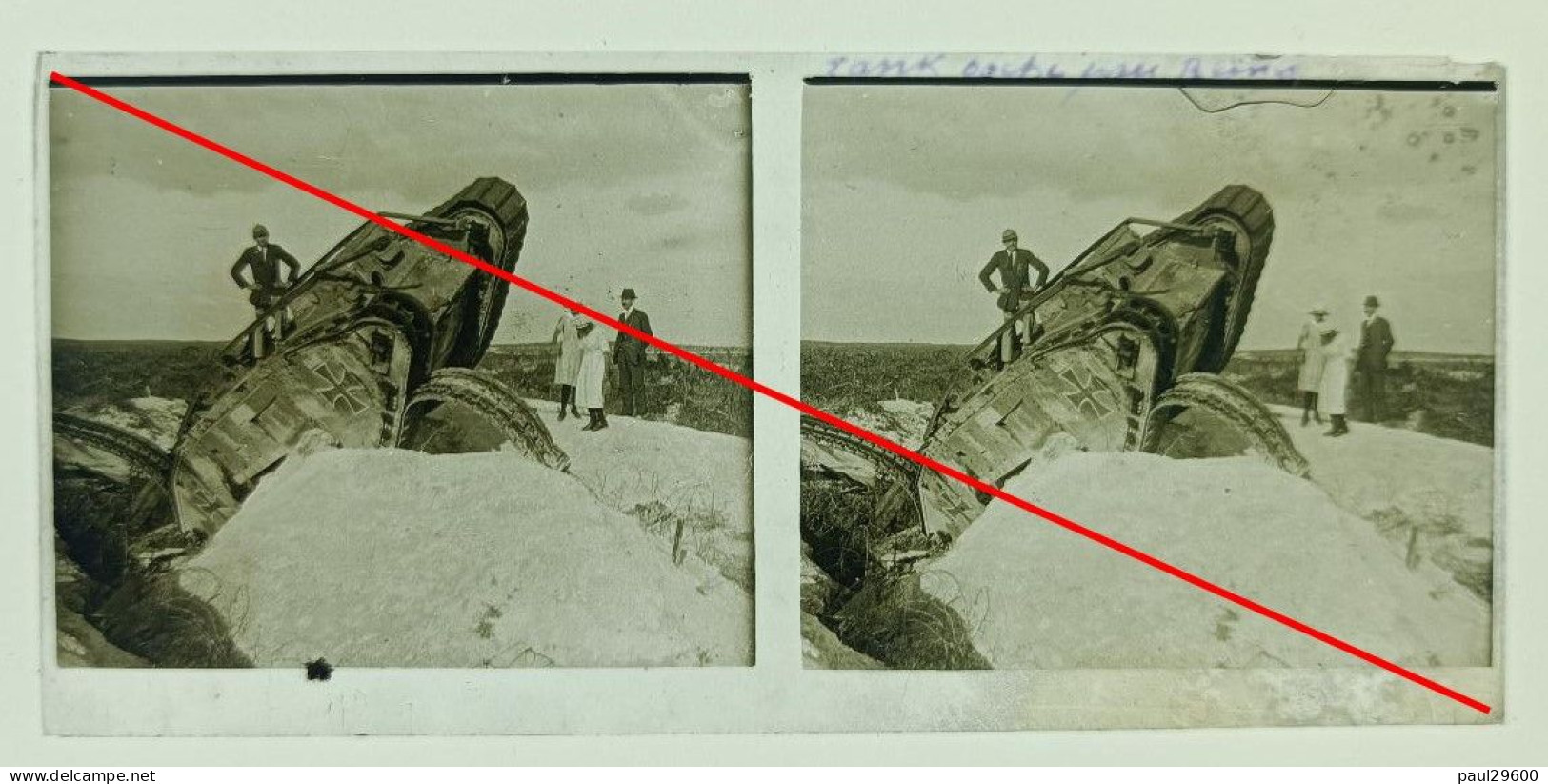 Photo Sur Plaque De Verre, La Pompelle, Ruines Du Fort, Reims, Guerre 14/18, Tank Allemand, Char, Animées, Années 1920. - Glasplaten