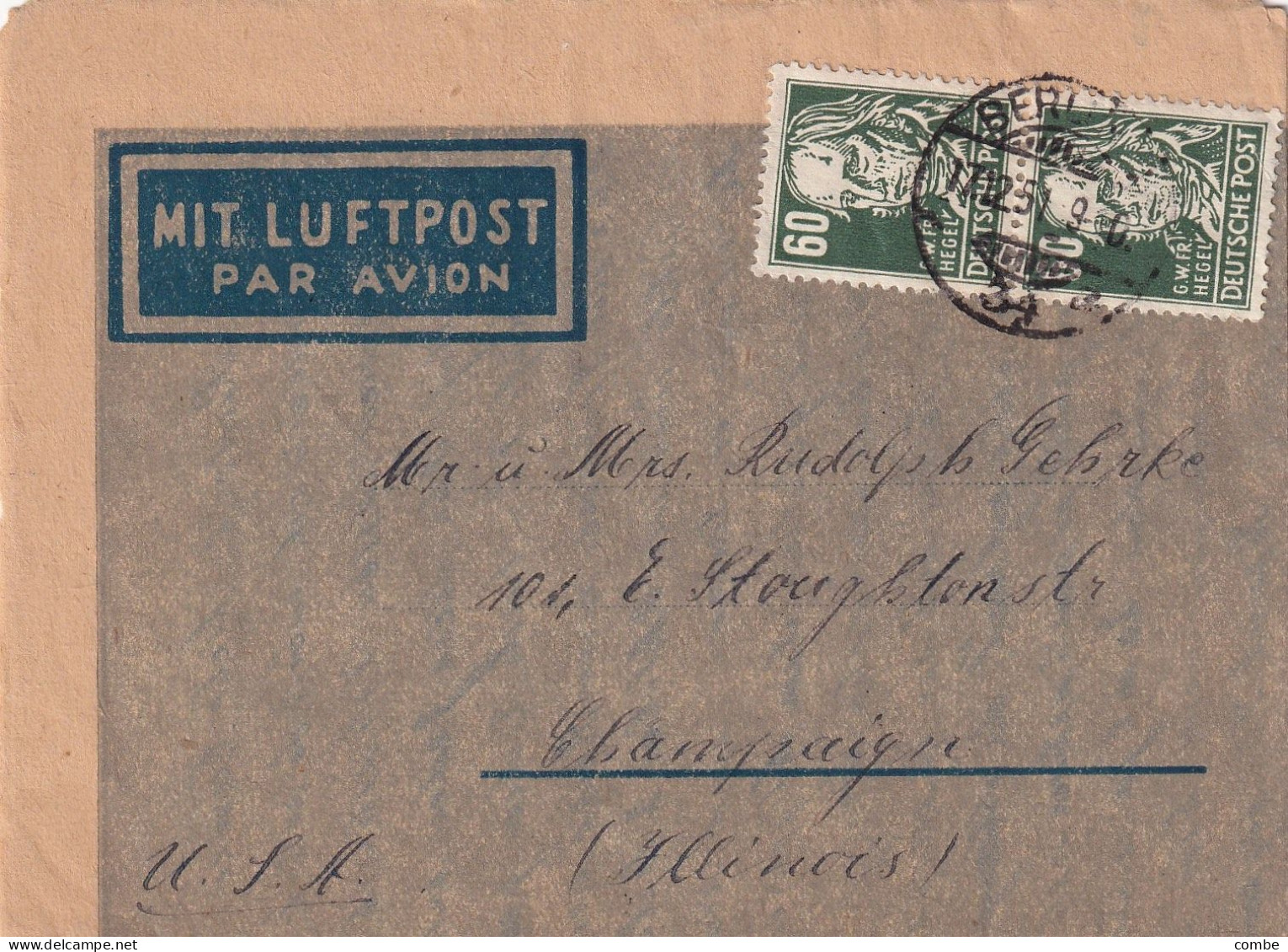 BRIEF. BERLIN. 17 12 1951. Mi 225 60Pf PAAR. LUFTPOST NACH CHAMPAIGNE ILLINOIS USA - Storia Postale