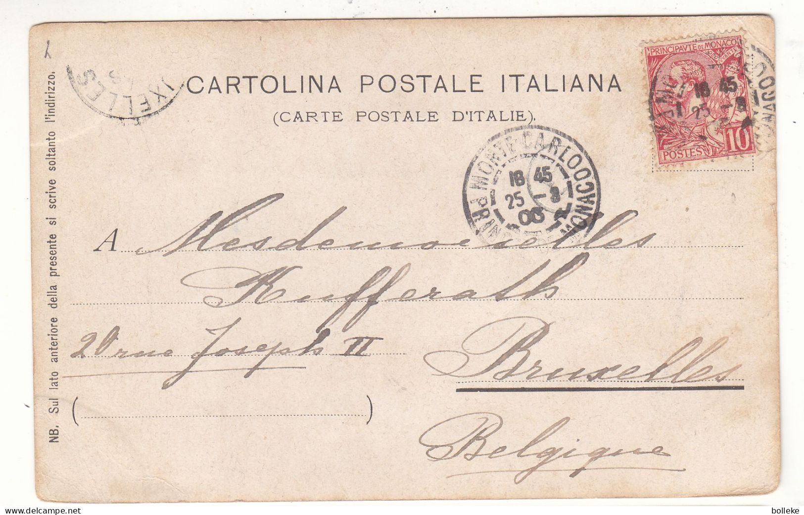 Monaco - Carte Postale De 1905  ? - Oblit Monte Carlo - Exp Vers Bruxelles - Vue San Remo Et Le Cap Vert - - Covers & Documents