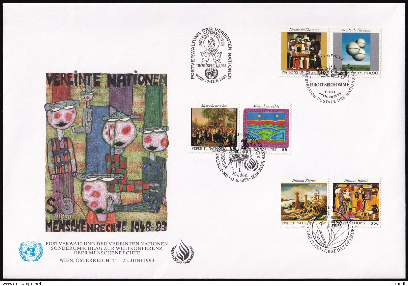 UNO NEW YORK - WIEN - GENF 1993 TRIO-FDC Menschenrechte - Gezamelijke Uitgaven New York/Genève/Wenen