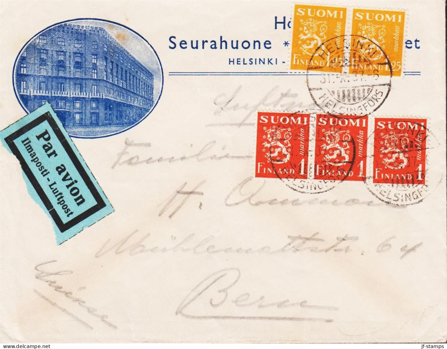 1937. FINLAND. Lion Type 1.25 Markkaa In Pair And 3stripe 1 Markka On Advertisement Cover (H... (Michel 177+) - JF545365 - Briefe U. Dokumente