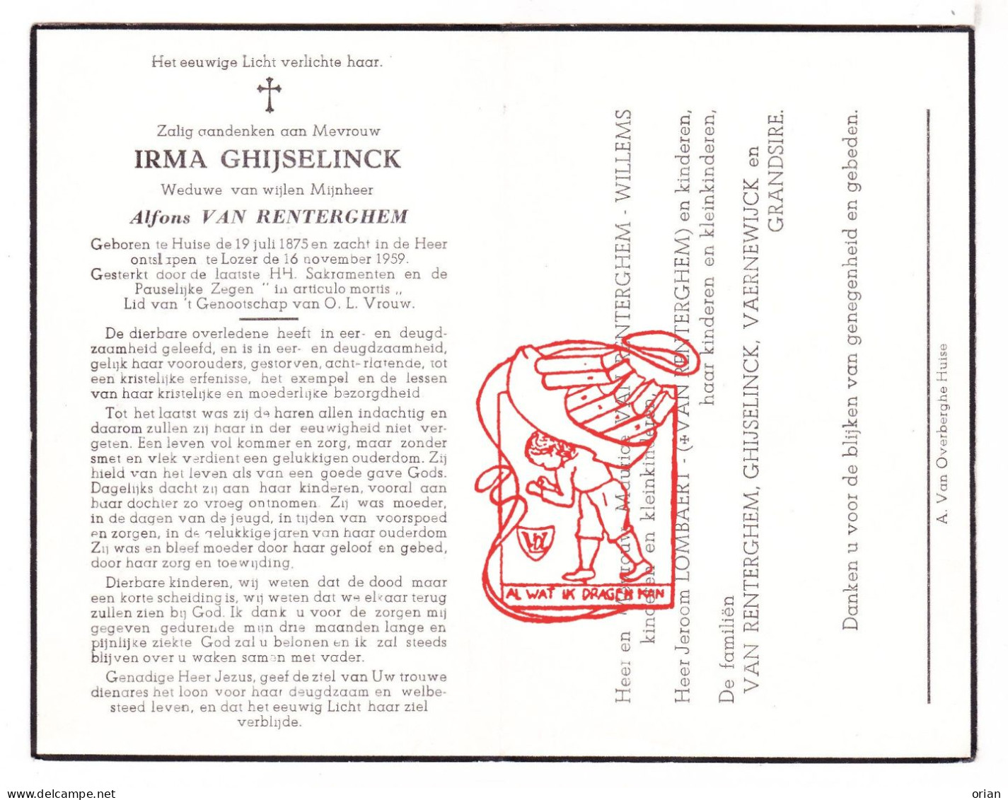 DP Irma Ghijselinck ° Huise Zingem 1875 † Lozer Kruishoutem 1959 Van Renterghem Willems Lombaert Vaernewijck Grandsire - Imágenes Religiosas