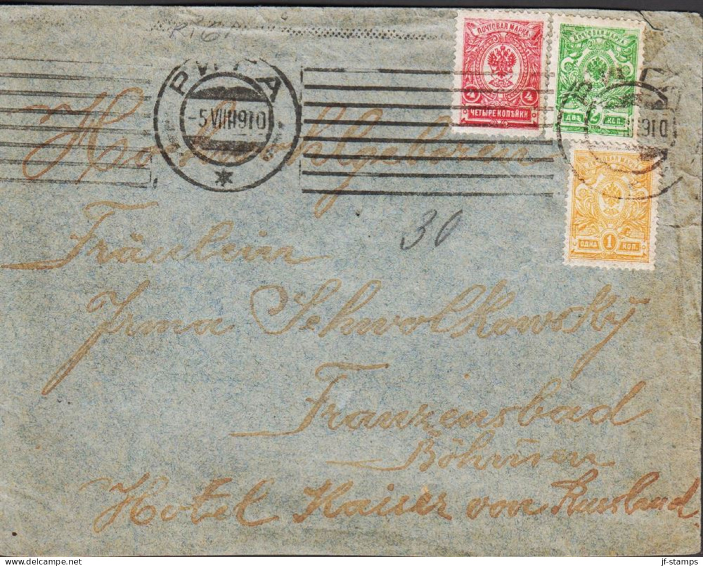 1910. RUSSIA  LATVIJA. Interesting Cover To Böhmen With 1, 2 And 4 KOP Canelled With Maschine ... (Michel 40) - JF545366 - Lettonia