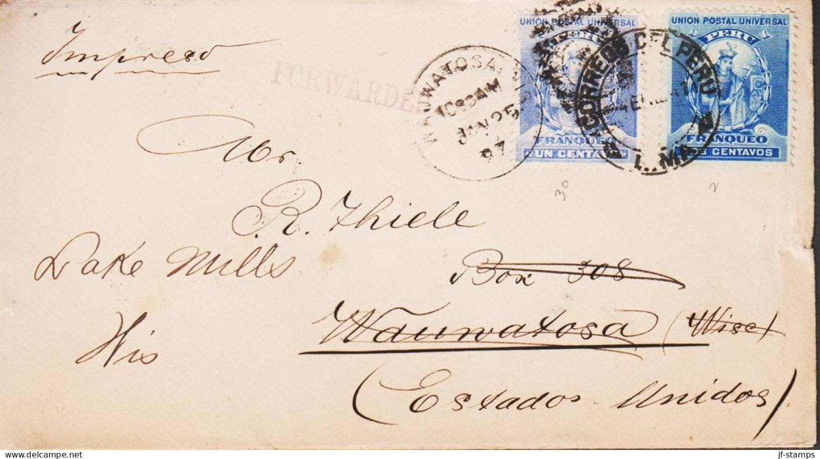 1897. PERU. Atahualpa UN And DOS CENTAVOS On Small Envelope To USA As Printed Matter (Impres0) Cancelled L... - JF545368 - Pérou