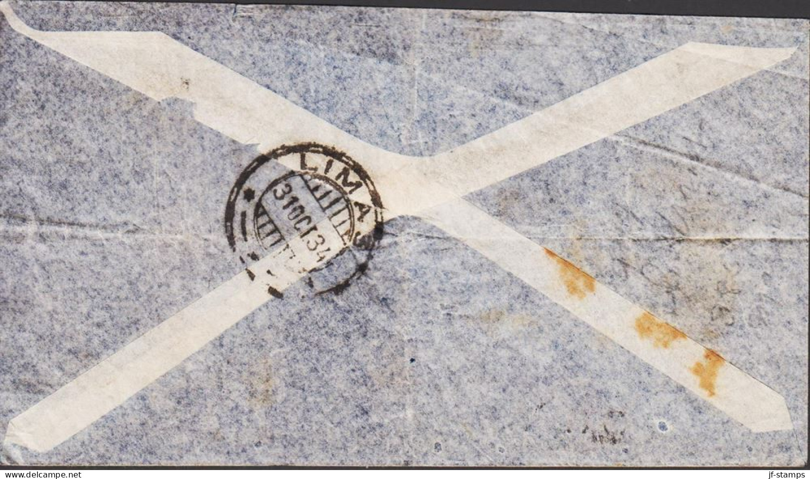 1934. PERU. Small POR AVION PANAGRA Envelope To Tacoma, Wash, USA With 2 Ex 50 CENTAVOS Simon-Bolivar-monu... - JF545369 - Peru