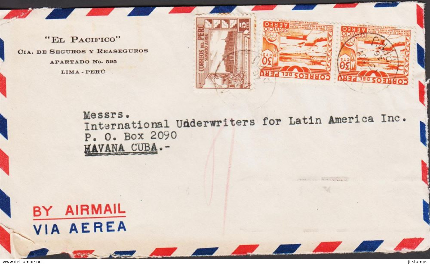 1946. PERU. Interesting Cover (tear) BY AIRMAIL To Havana, Cuba With 5 CTS And Pair 30 CTS BOCA TOMA Cance... - JF545371 - Pérou