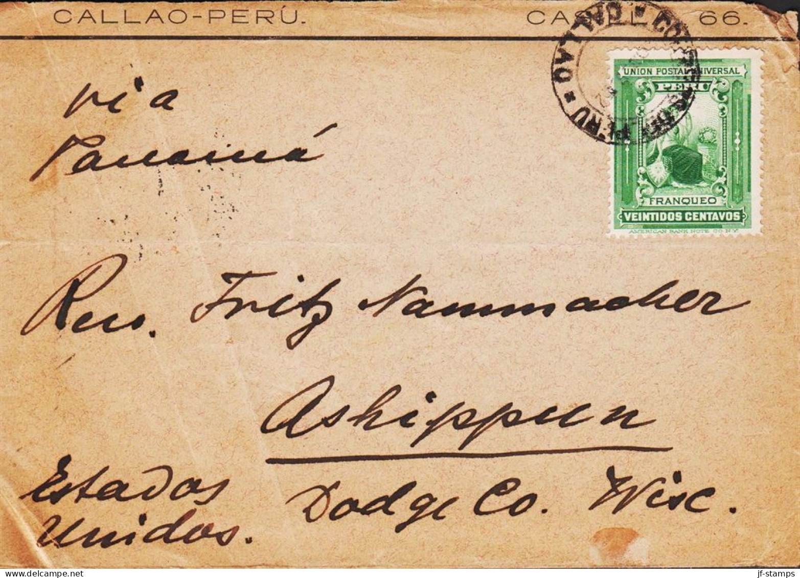 1902. PERU. VEINTIDOS CENTAVOS Single On Cover (folds) To USA Cancelled CALLAO NOV 12 1902. Reverse Arriva... - JF545372 - Perú