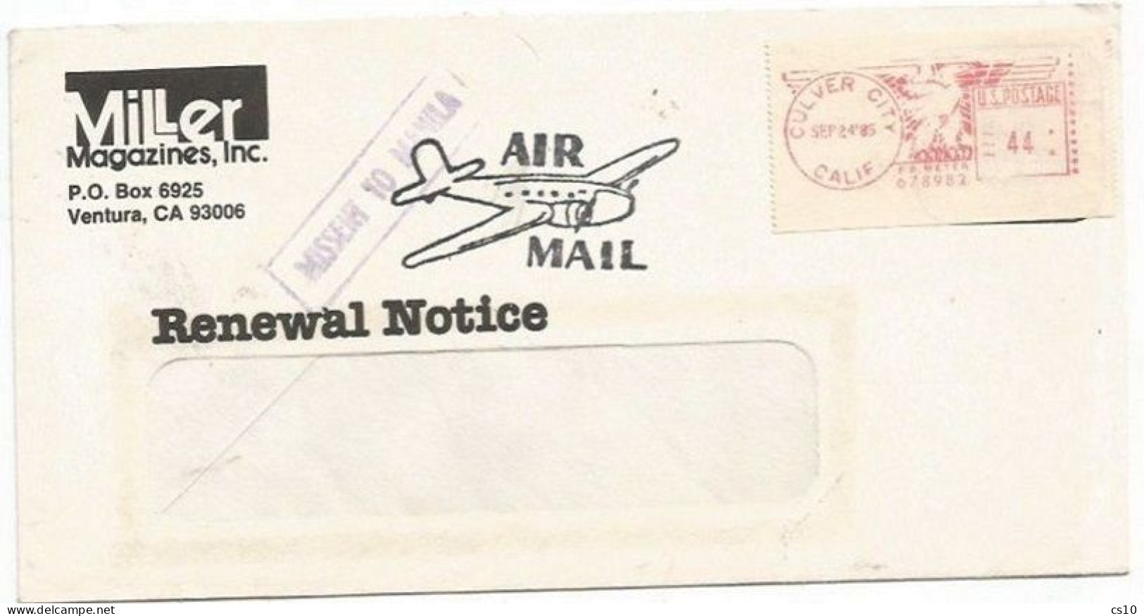 USA 1985 AirmailCV Culver City CA 24sep85 X Italy Milano "MISSENT TO MANILA" Postage Label C.44 - 3c. 1961-... Lettres