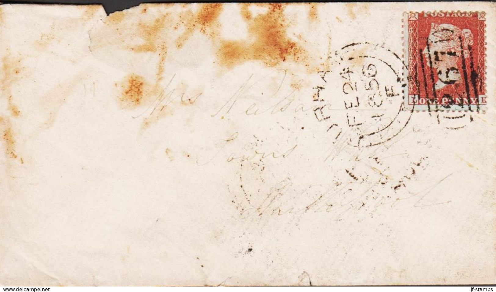 1854 - 1857. Victoria. ONE PENNY. Perf 16. Position L E On Small Cover (tear, Rust) Cancelled ... (Michel 8A) - JF545376 - Other & Unclassified