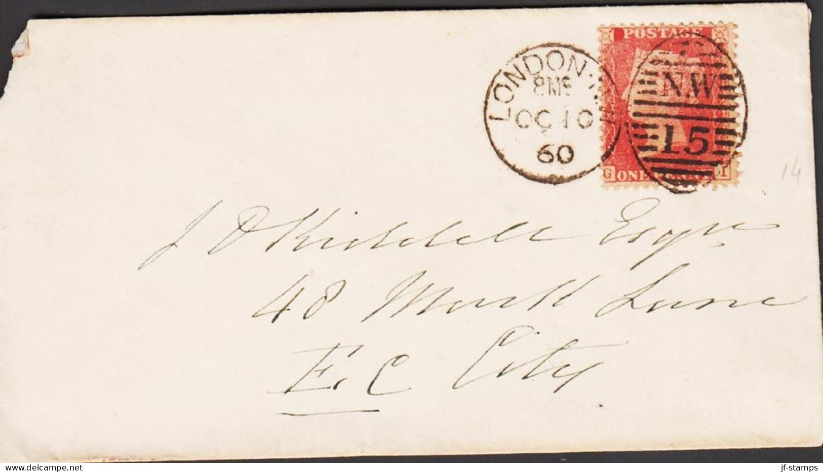 1854 - 1857. Victoria. ONE PENNY. Perf 14. Position G I On Small Cover Cancelled LONDON OC 10 ... (Michel 8B) - JF545377 - Other & Unclassified