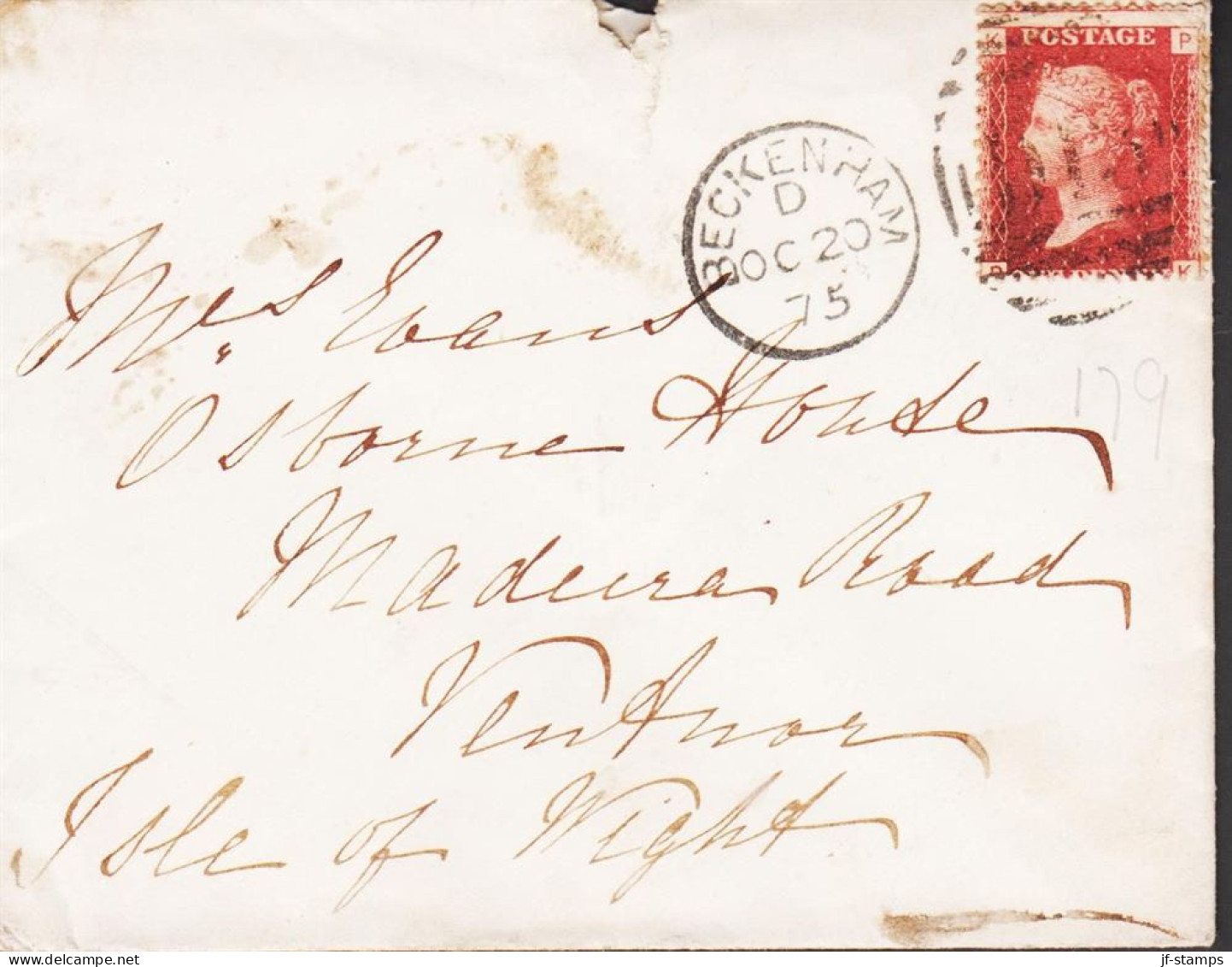 1865. ENGLAND. Victoria. ONE PENNY. Plate 179 On Small Cover (tear) To Isle Of Wight Cancelled... (Michel 16) - JF545378 - Andere & Zonder Classificatie