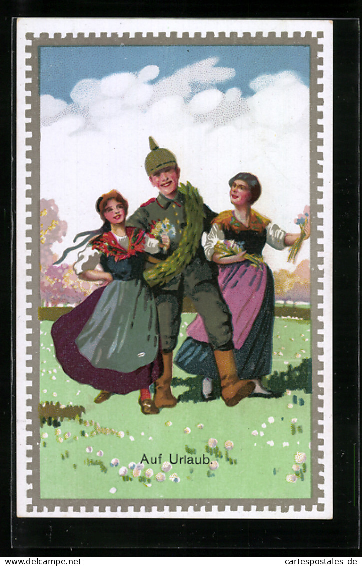 AK Auf Urlaub, Frontsoldat Mit Zwei Mädchen  - Guerre 1914-18