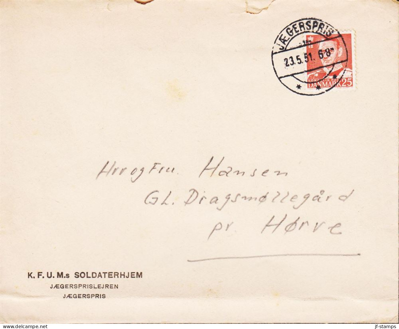 1950. DANMARK. Frederik IX  25 ØRE  On Cover Cancelled JÆGERSPRIS 23.5.51. Sender Soldier In ... (Michel 307) - JF545388 - Covers & Documents