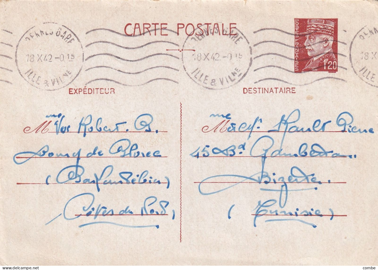 ENTIER PETAIN. 1,20Fr. RENNES ILE ET VILLAINE. BLOREC COTES DU NORD.  POUR BIZERTE TUNISIE - Cartes Postales Types Et TSC (avant 1995)