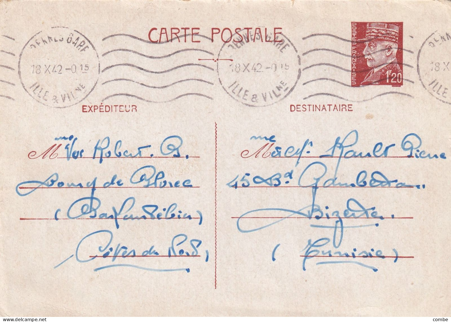 ENTIER PETAIN. 1,20Fr. RENNES ILE ET VILLAINE. BLOREC COTES DU NORD.  POUR BIZERTE TUNISIE - Standard Postcards & Stamped On Demand (before 1995)
