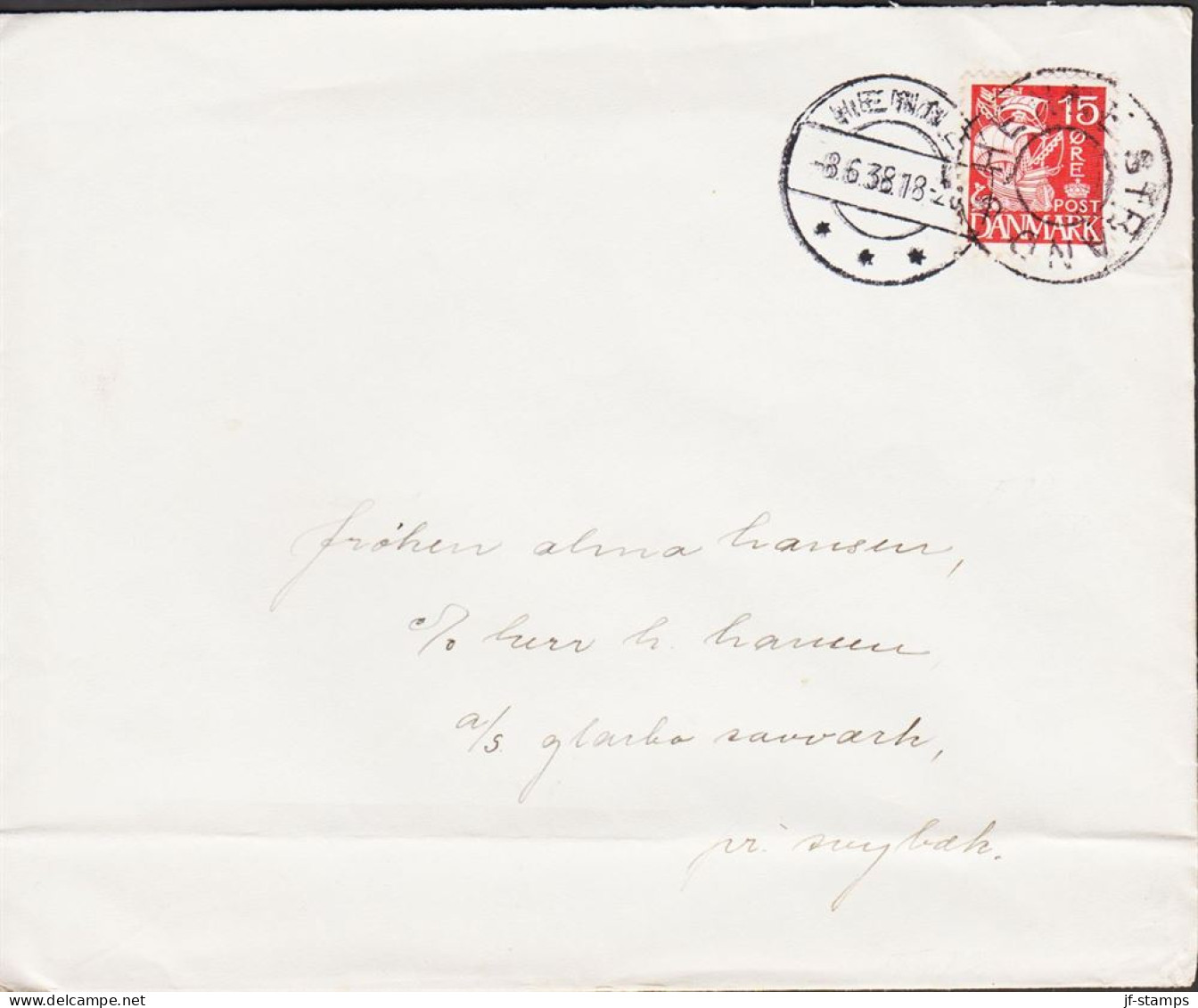 1938. DANMARK 15 ØRE On Cover Cancelled HENNE STRAND + Side Cancel HENNE 8.6.38.  (Michel 202) - JF545389 - Covers & Documents