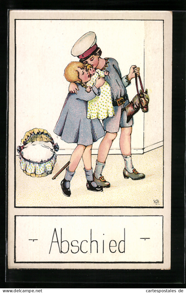 Künstler-AK Abschied, Knabe Mit Steckenpferd Und Mädchen Mit Puppe Spielen Familie  - Guerra 1914-18