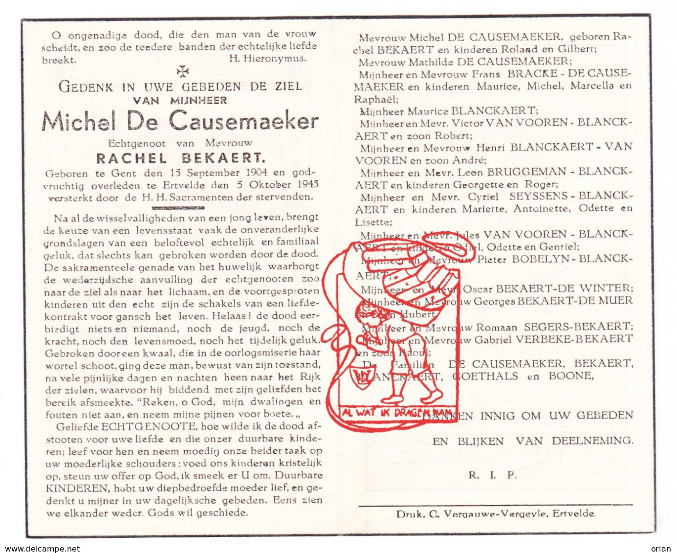 DP Michel De Causemaeker ° Gent 1904 † Ertvelde 1945 Bekaert Bracke Van Vooren Bruggeman Bobelyn Boone Goethals Segers - Images Religieuses