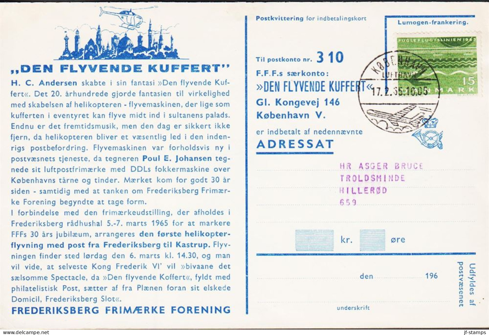 1965. DANMARK. 15 ØRE FUGLEFLUGTSLINIEN On Interesting Double Postcard Advertising For DEN FL... (Michel 413) - JF545393 - Storia Postale