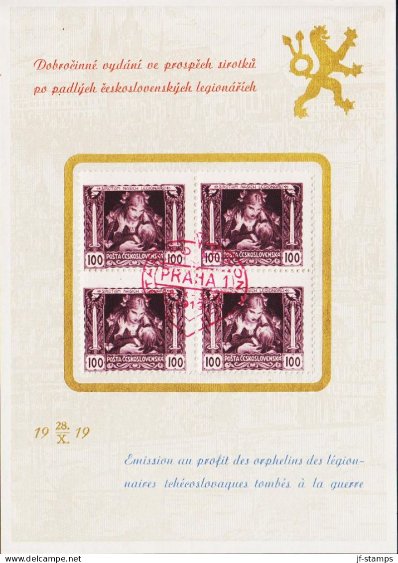 1919. CESKOSLOVENSKO. Legionaire Issue 100 H In 4block Beautifully Cancelled In Red PRAHA 1919 And Mounted... - JF545398 - Usados