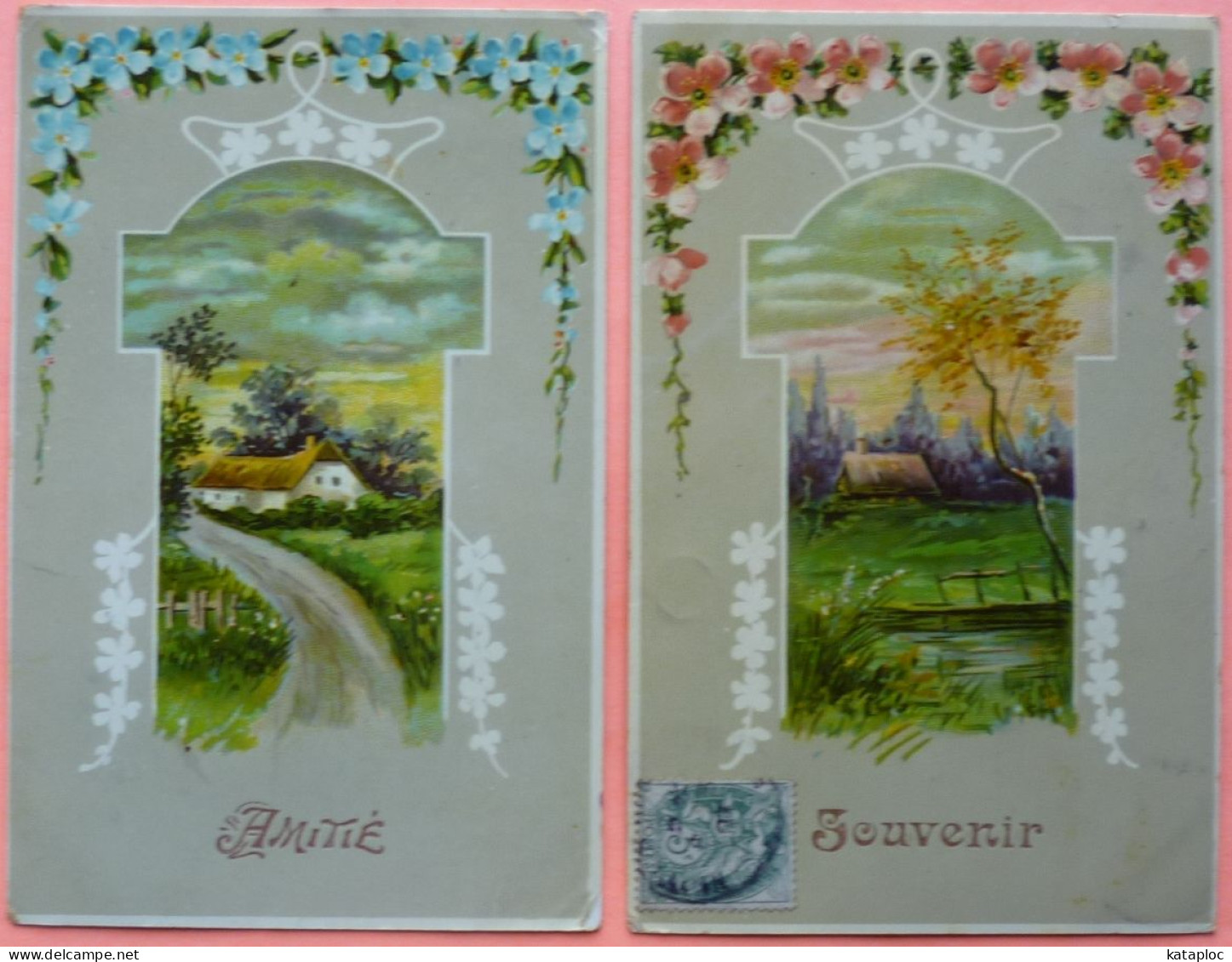 LOT DE 2 CARTES FANTAISIES AMITIE SOUVENIR - SCANS RECTO VERSO-16 - Sonstige & Ohne Zuordnung