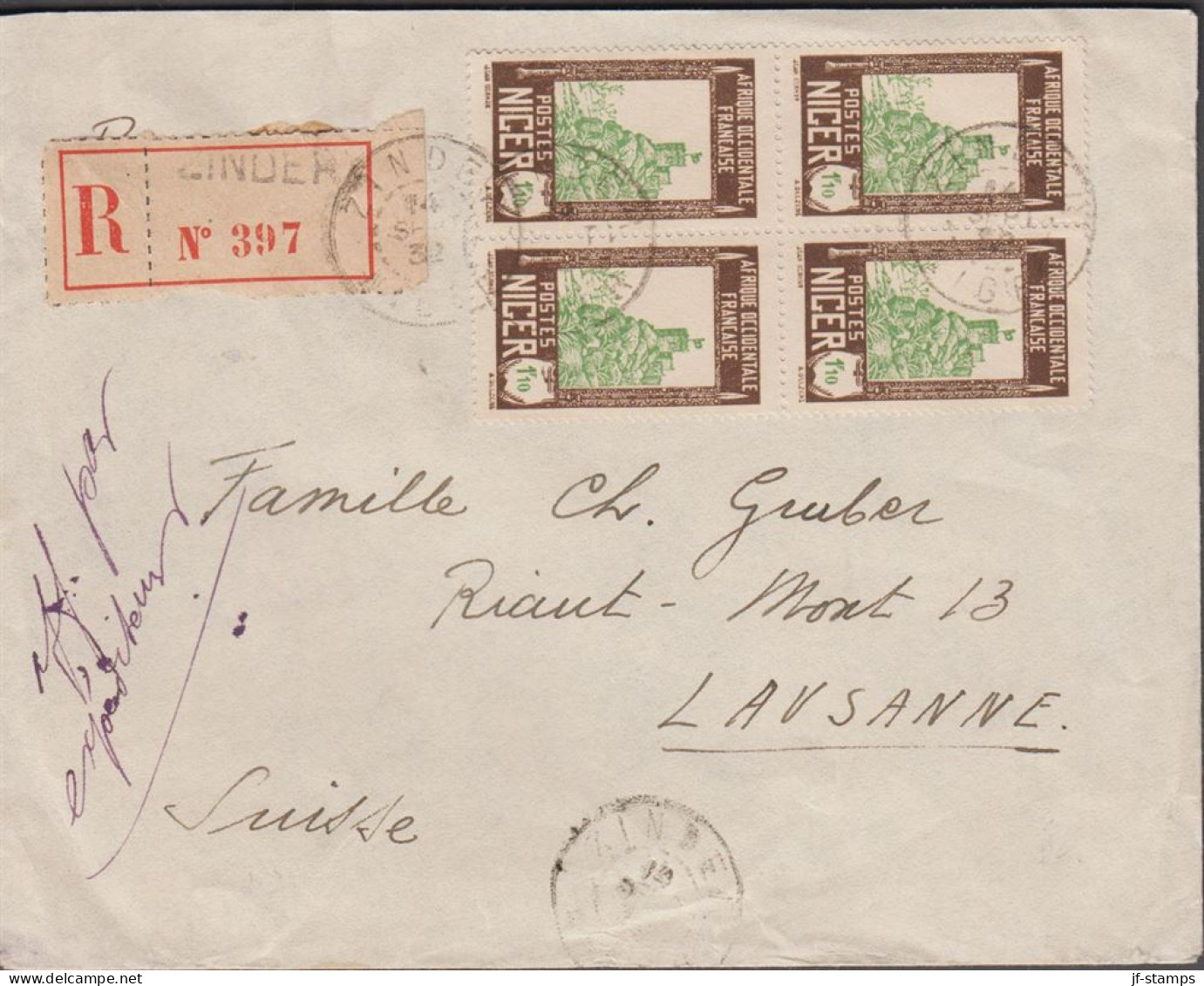 1932. NIGER. Fine Registered Cover To Lausanne, Suisse With 4block 1F10 Fort Zinder Cancelled ... (MICHEL 47) - JF545401 - Usati