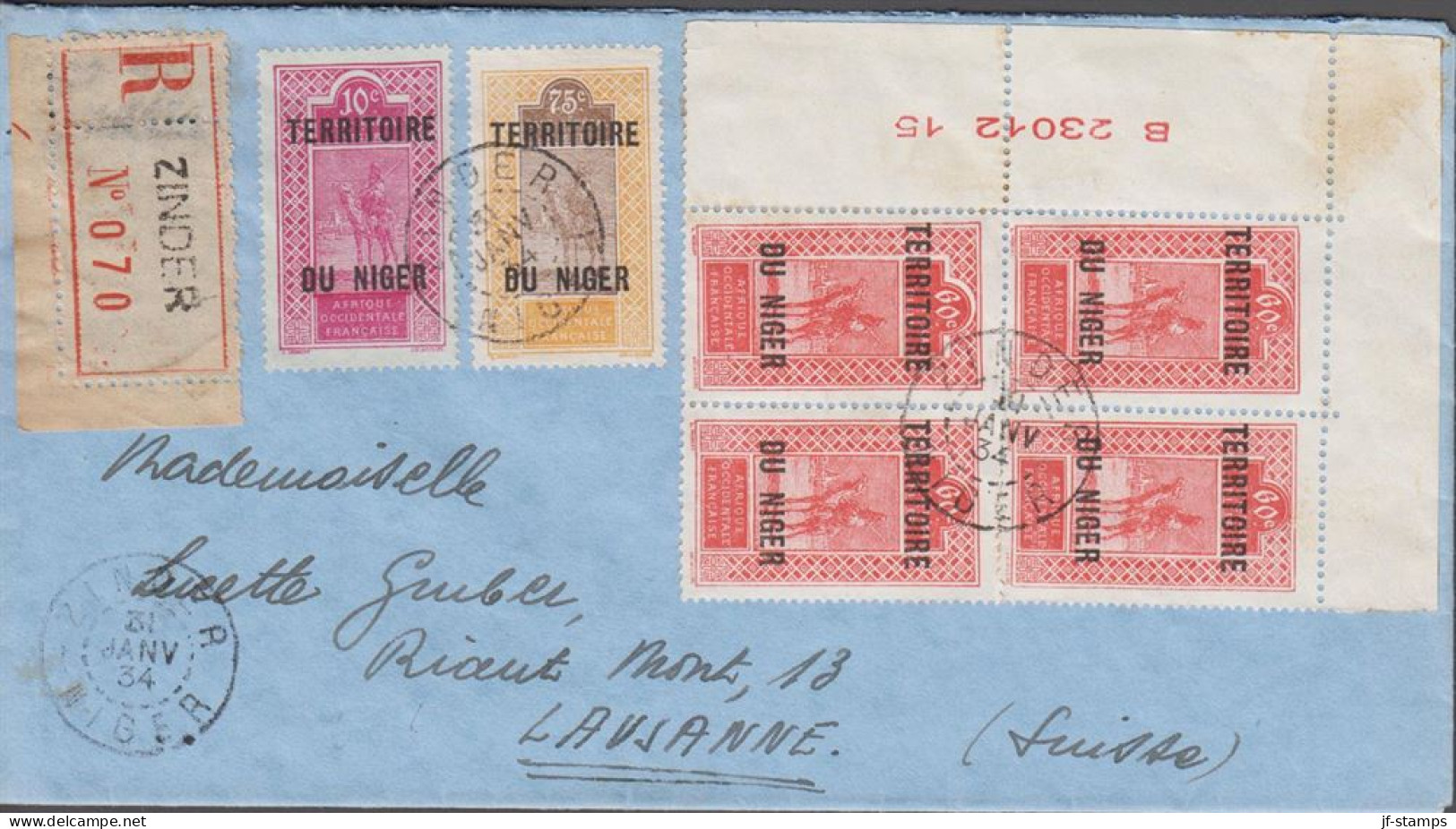 1934. NIGER. Rare Registered Cover To Lausanne, Suisse With Margin 4block (number B 23012 15)... (MICHEL 17+) - JF545402 - Oblitérés