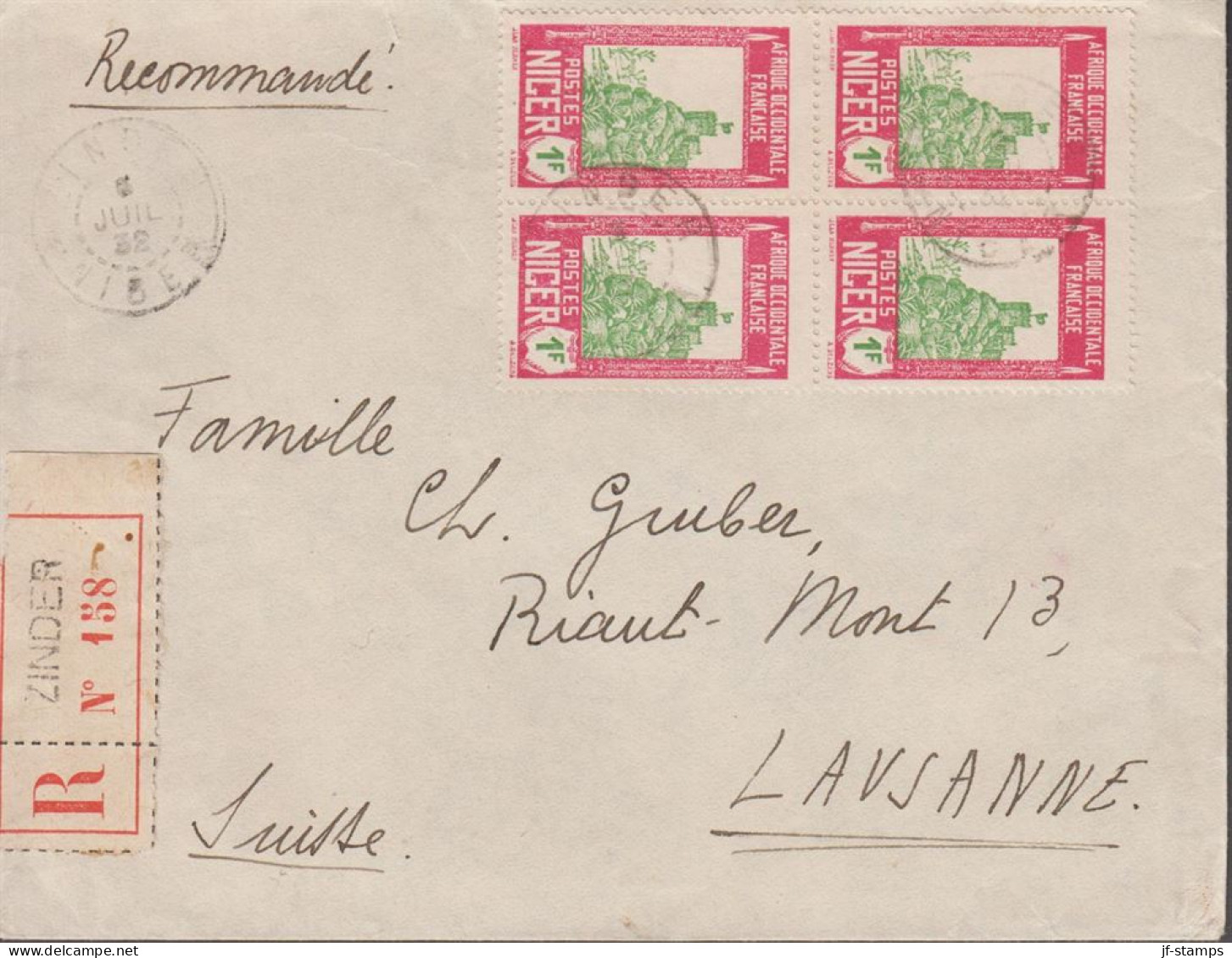 1932. NIGER. Fine Registered Cover To Lausanne, Suisse With 4block 1F Fort Zinder Cancelled ZI... (MICHEL 46) - JF545403 - Usati