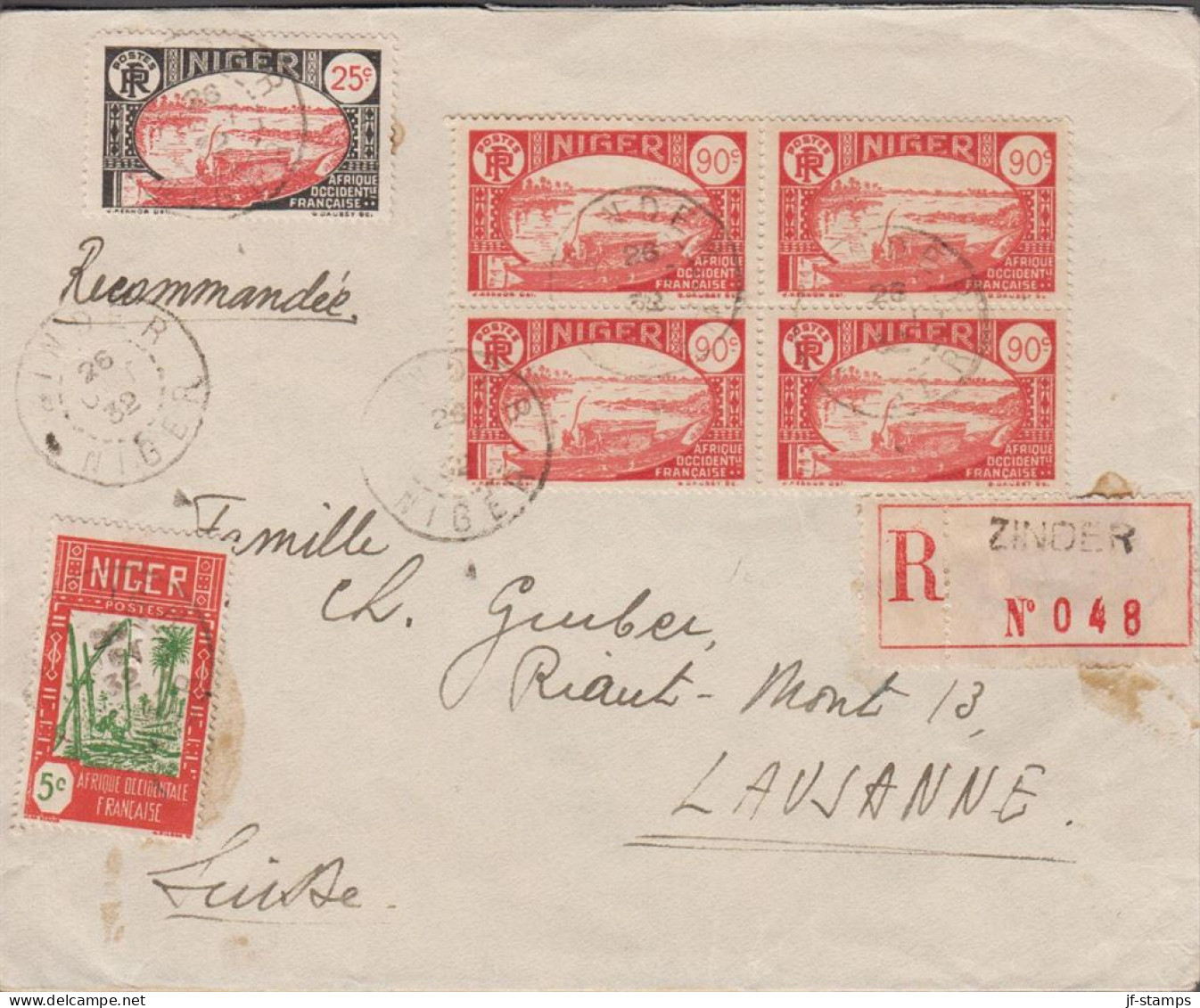 1932. NIGER. Fine Registered Cover To Lausanne, Suisse With 4block 90 C Boat On The River Nig... (MICHEL 45+) - JF545404 - Usati