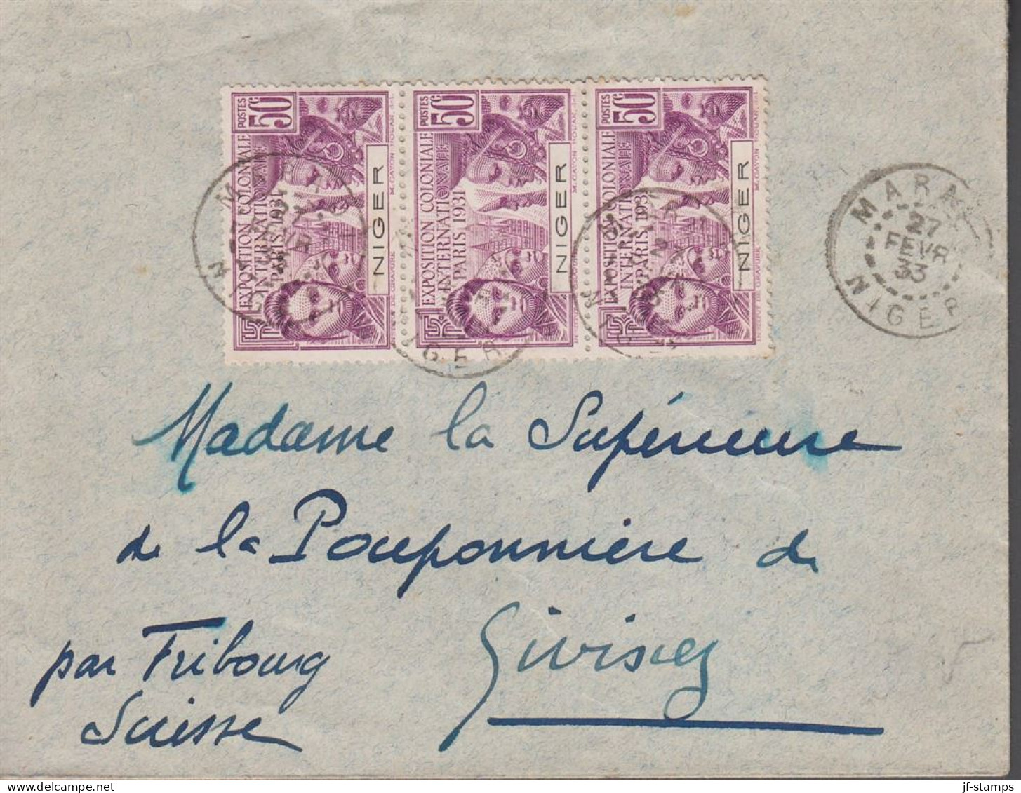 1933. NIGER. Fine Cover To Fribourg, Suisse With 3stripe 50 C EXPOSITION COLONIALE INTERNATION... (MICHEL 55) - JF545405 - Gebraucht