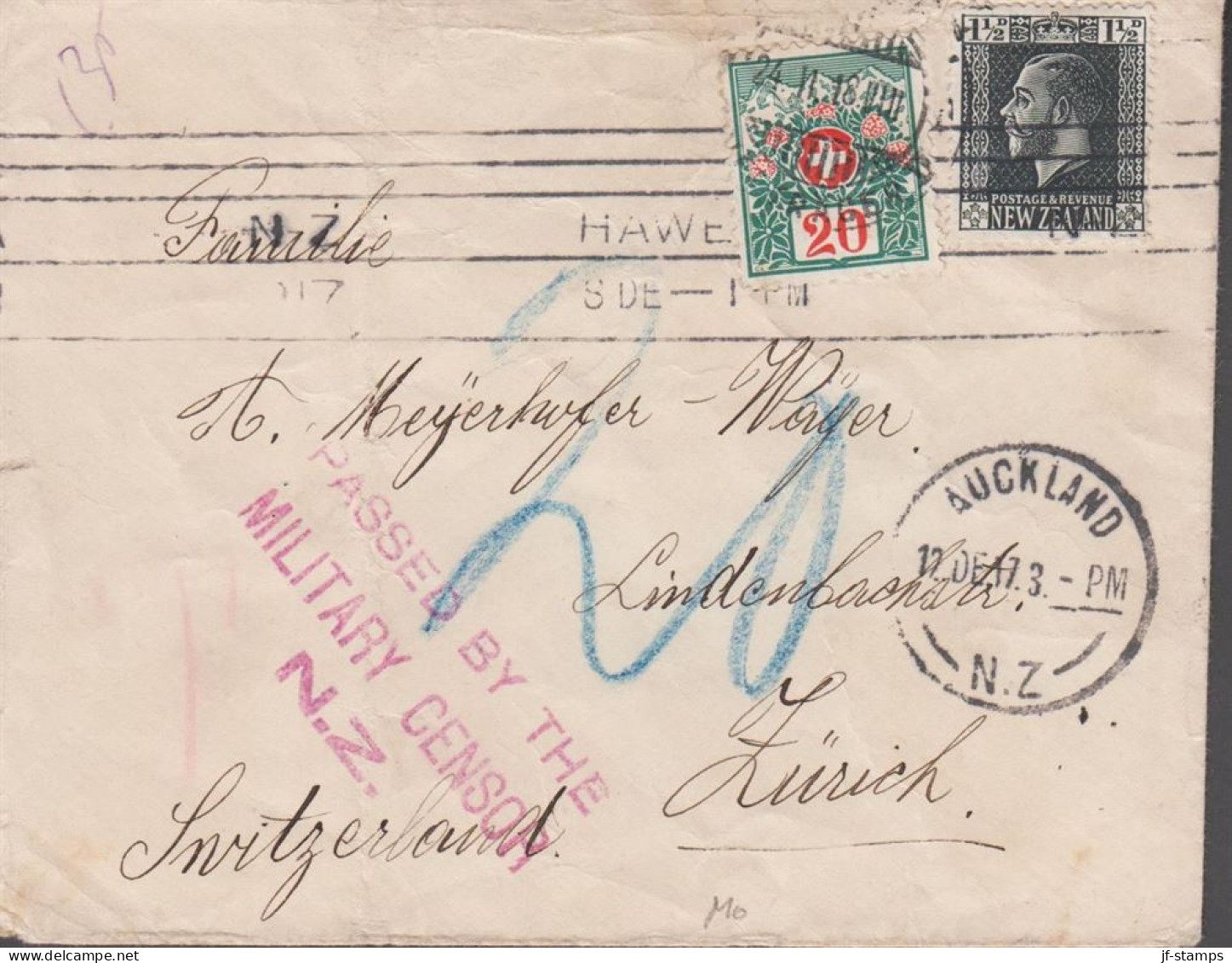 1917. New Zealand.  Georg V 1½ D On Small Censored (PASSED BY THE MILITARY CENSOR N.Z.) Enve... (MICHEL 150+) - JF545407 - Covers & Documents