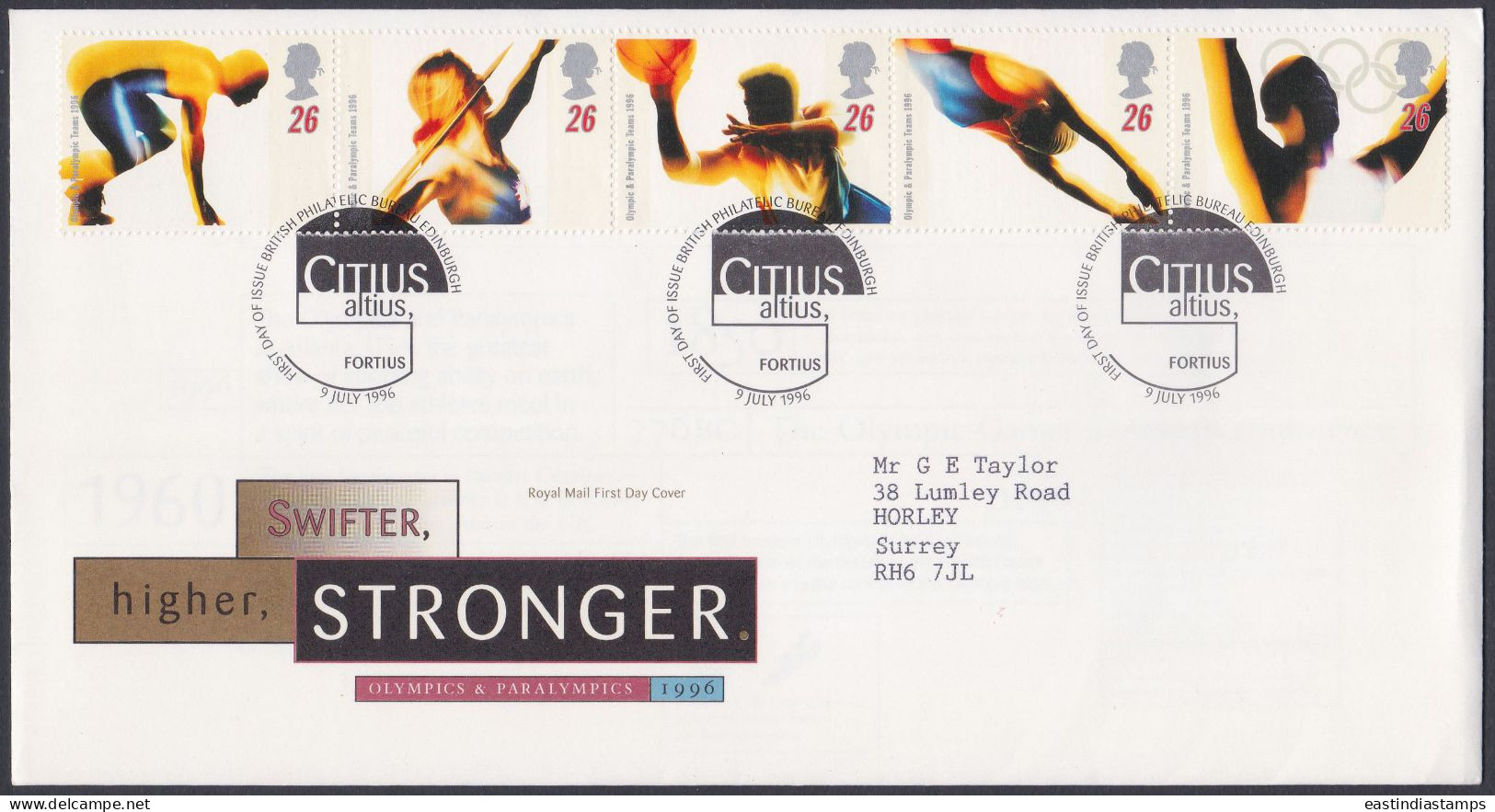 GB Great Britain 1996 FDC Olympics, Olympiad, Sport, Sports, Basketball, Swimming, Pictorial Postmark, First Day Cover - Lettres & Documents