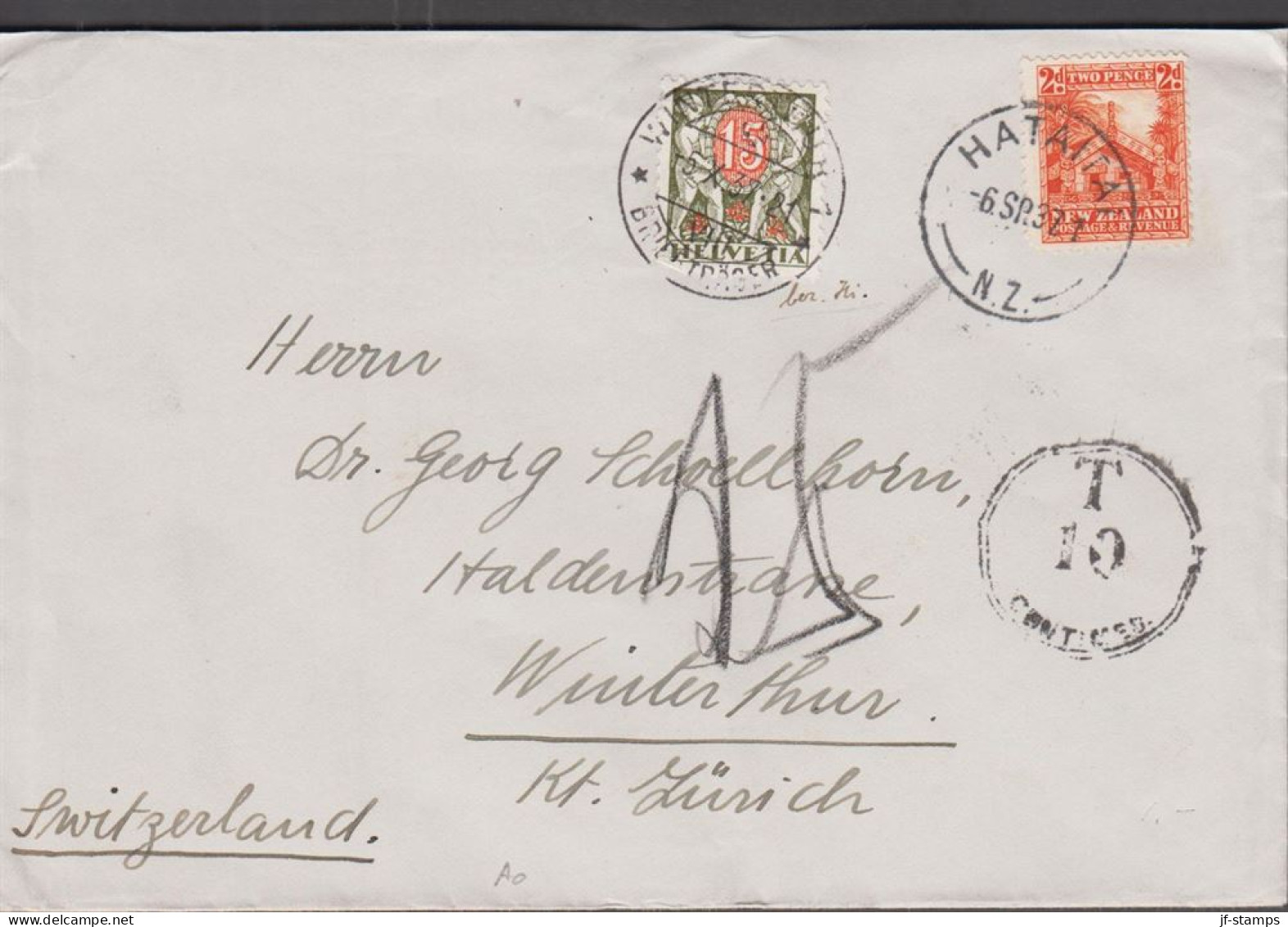 1937. New Zealand.  Maori House 2 D On Envelope To Winterthur, Kt. Zürich, Schweiz Cancelled... (MICHEL 215+) - JF545409 - Lettres & Documents