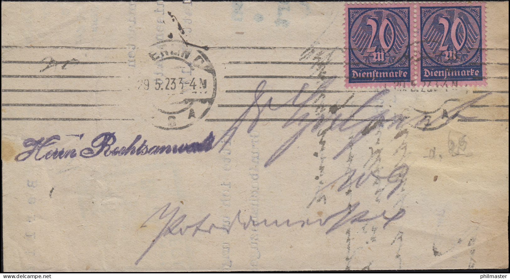 72 Dienstmarke Im Paar Als MeF Auf Orts-Brief Grundbucheintrag BERLIN 29.5.1923 - Service