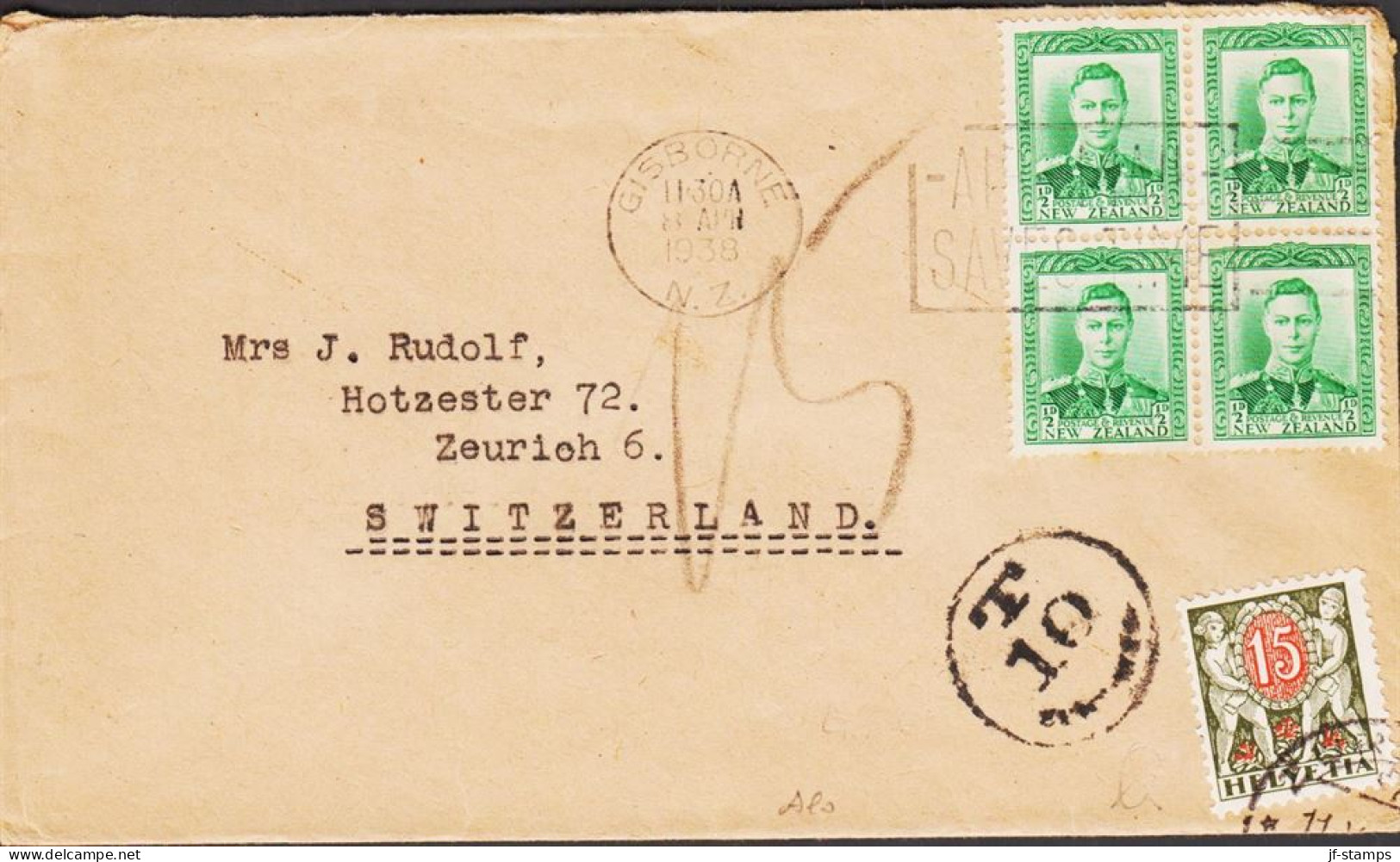 1938. New Zealand.  Georg VI ½ D In 4block On Envelope To Zürich, Schweiz Cancelled GISBORNE... (MICHEL 236+) - JF545412 - Briefe U. Dokumente