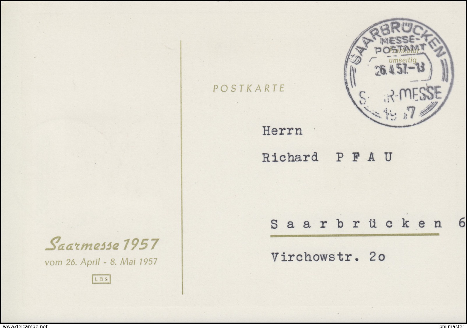 400 Saarmesse 1957 Auf Messekarte Passender SSt SAARBRÜCKEN 26.4.1957 - Storia Postale