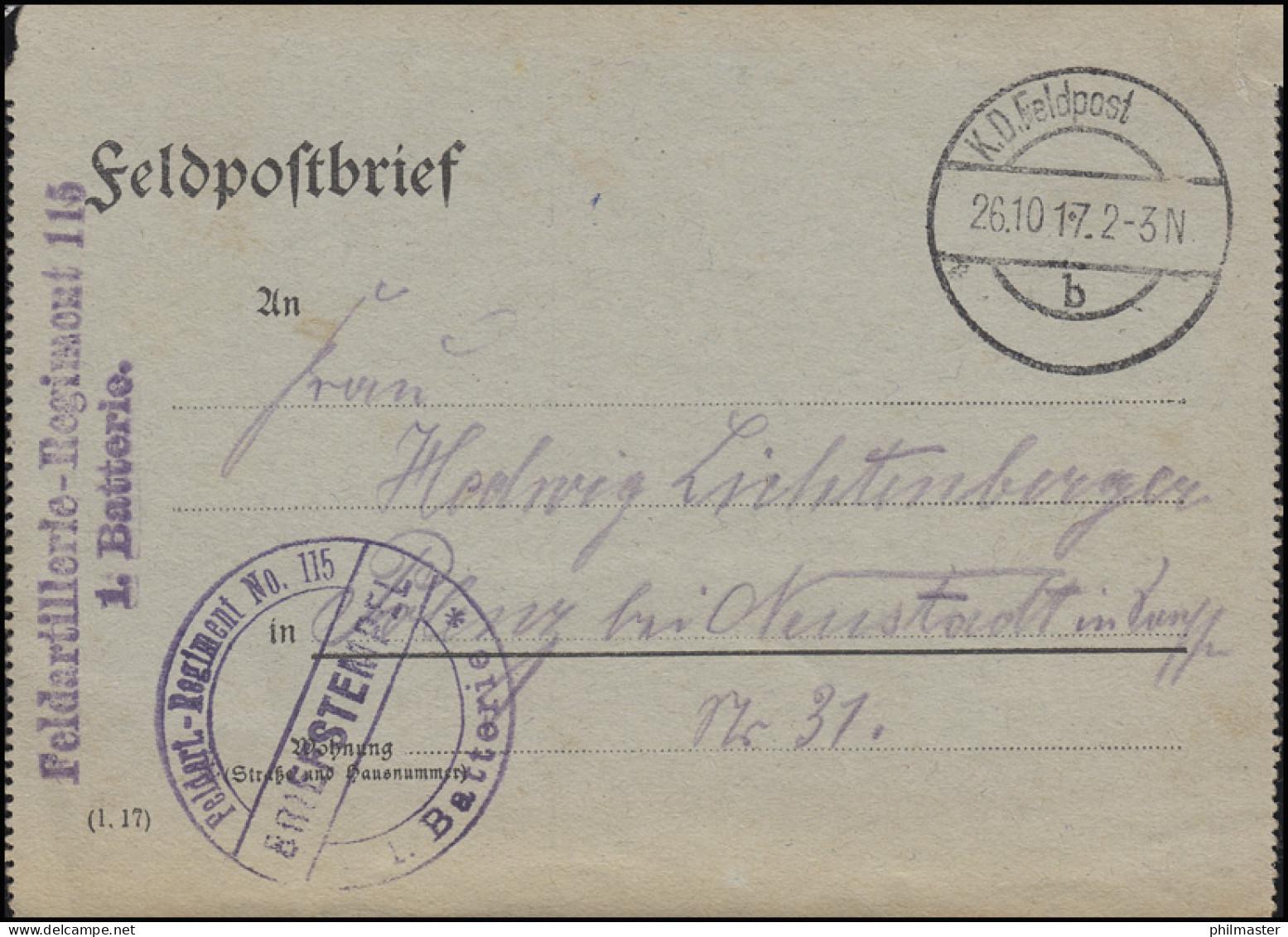 Feldpost-Kartenbrief Feldart.-Regiment 115 / 1. Batterie, K.D. FELDPOST 26.10.17 - Occupation 1914-18