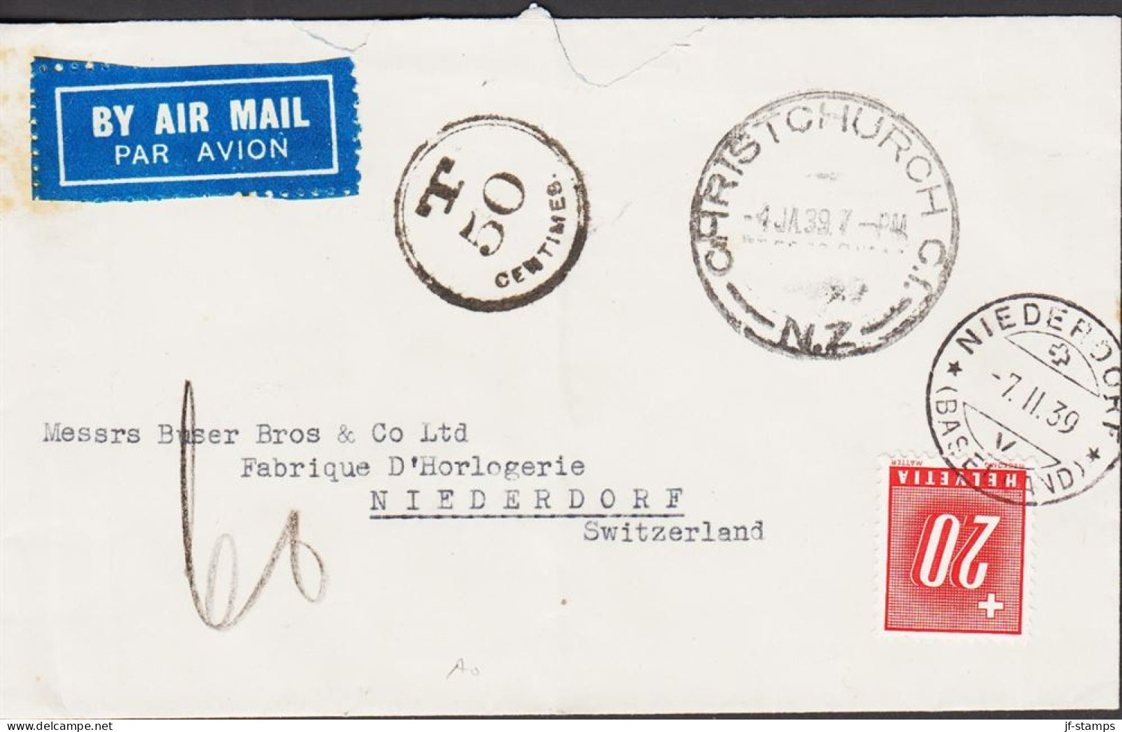 1939. New Zealand.  Unfranked Envelope (tears) To Niederdorf, Schweiz BY AIR MAIL Cancelled CHRISTCHURCH 4... - JF545413 - Lettres & Documents