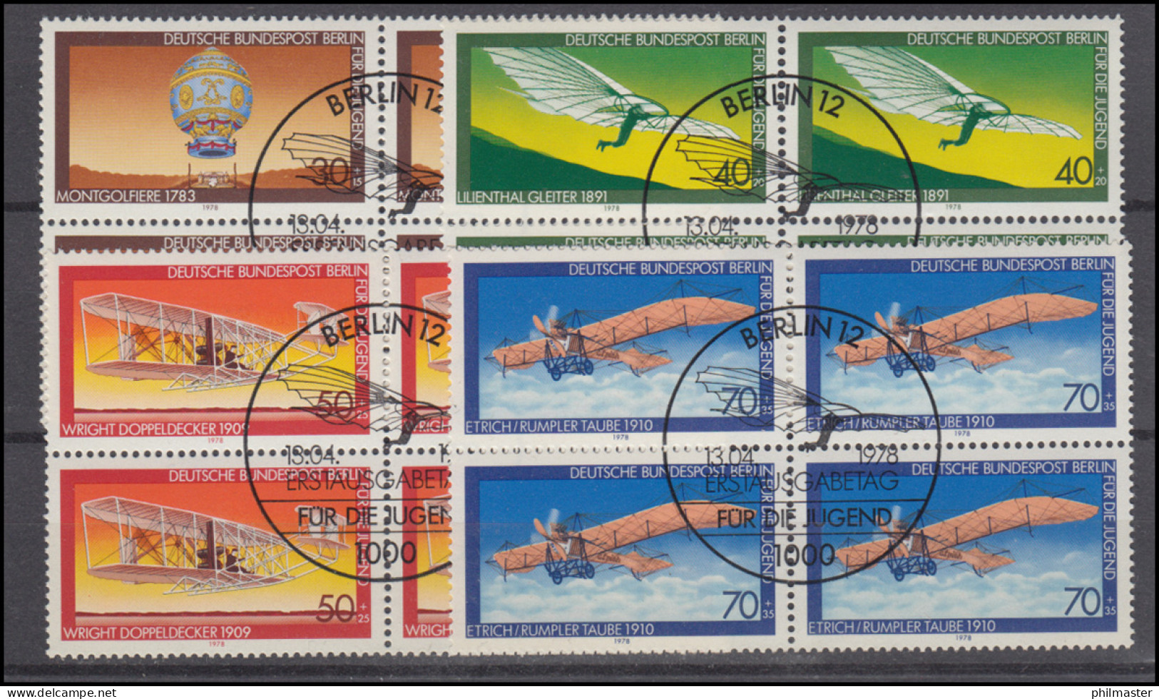 563-566 Jugend Luftfahrt 1978: Viererblock-Satz Zentrische ESSt BERLIN - Used Stamps