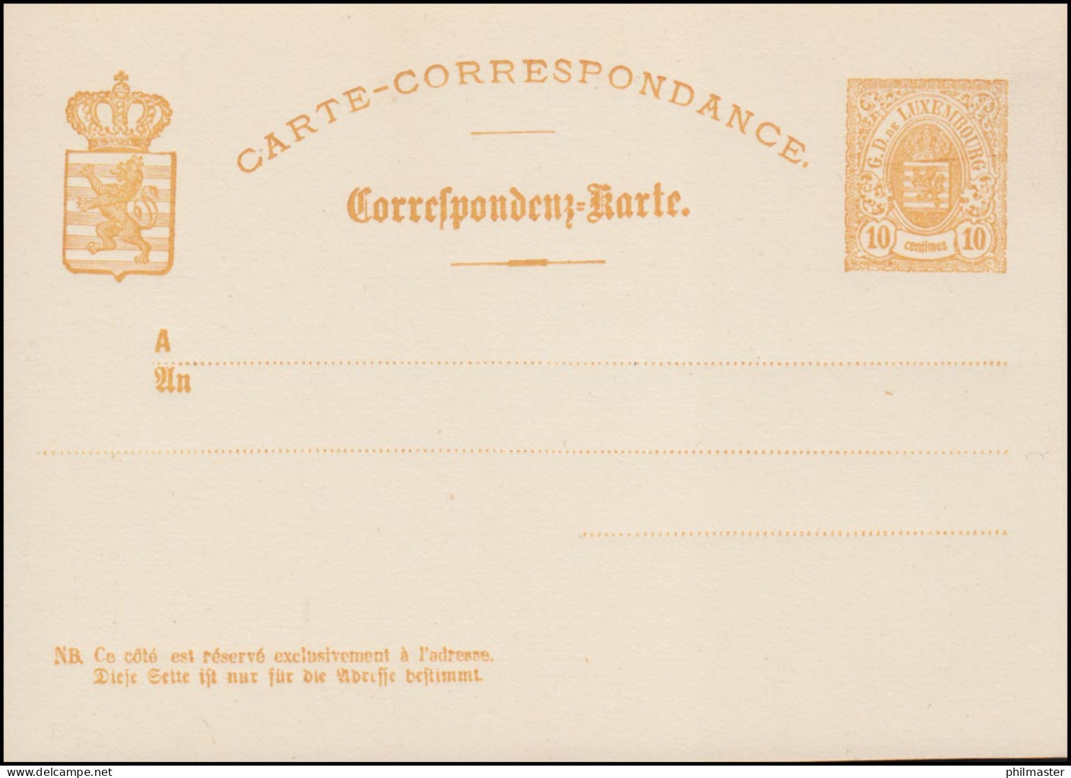 Luxemburg Postkarte P 22 Wappen Im Oval 10 C., 3 Anschriftenzeilen, Ungebraucht  - Sonstige & Ohne Zuordnung