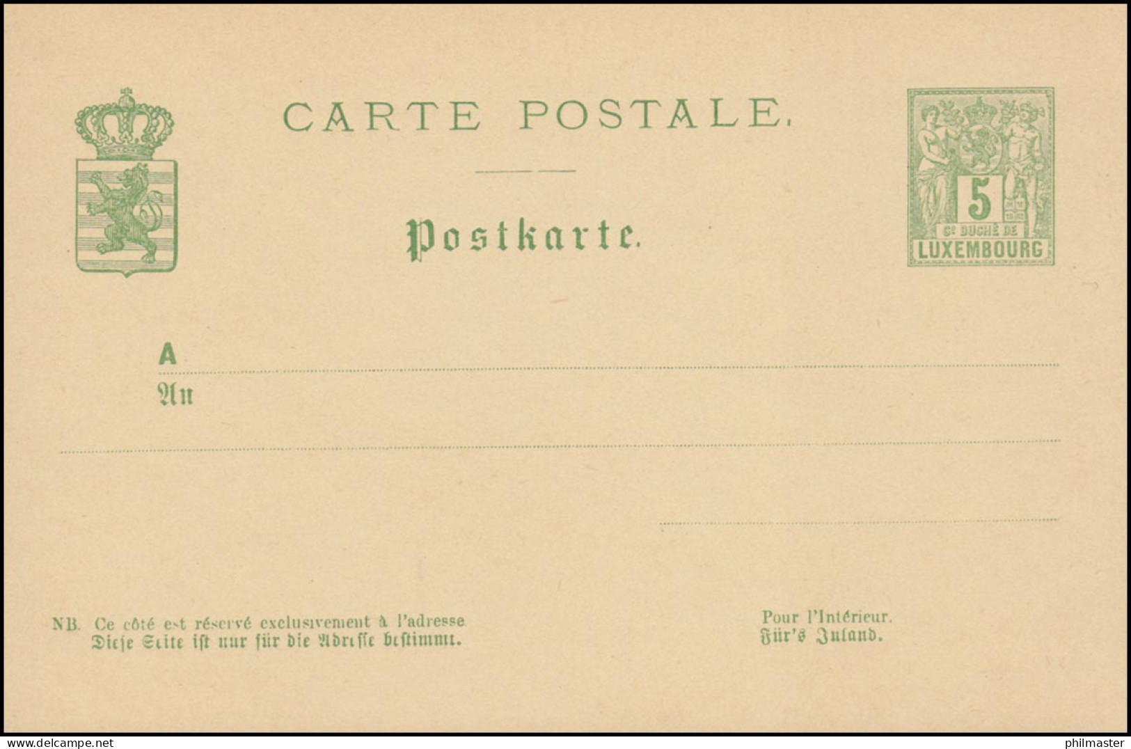 Luxemburg Postkarte P 47I Allegorie 5 C. Grün, Type I, Ungebraucht  - Sonstige & Ohne Zuordnung