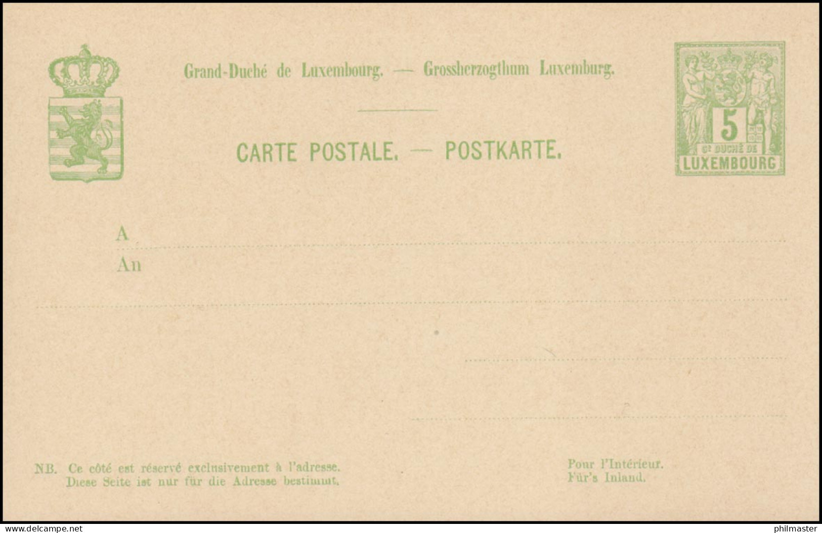 Luxemburg Postkarte P 49bII Allegorie 5 C. Antiqua, 139x90, Ungebraucht  - Autres & Non Classés