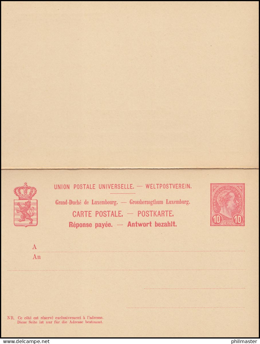 Luxemburg Postkarte P 56 Großherzog Adolf Doppelkarte 10/10 C. Ungebraucht  - Altri & Non Classificati