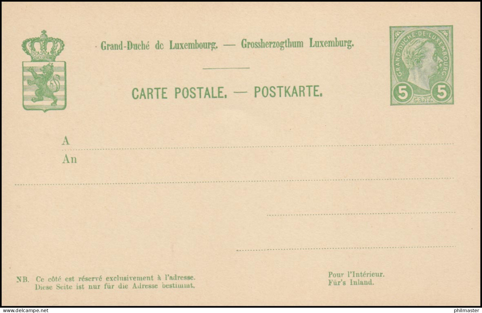 Luxemburg Postkarte P 53 Großherzog Adolf 5 C. Wertstempel Rechts, Ungebraucht  - Altri & Non Classificati