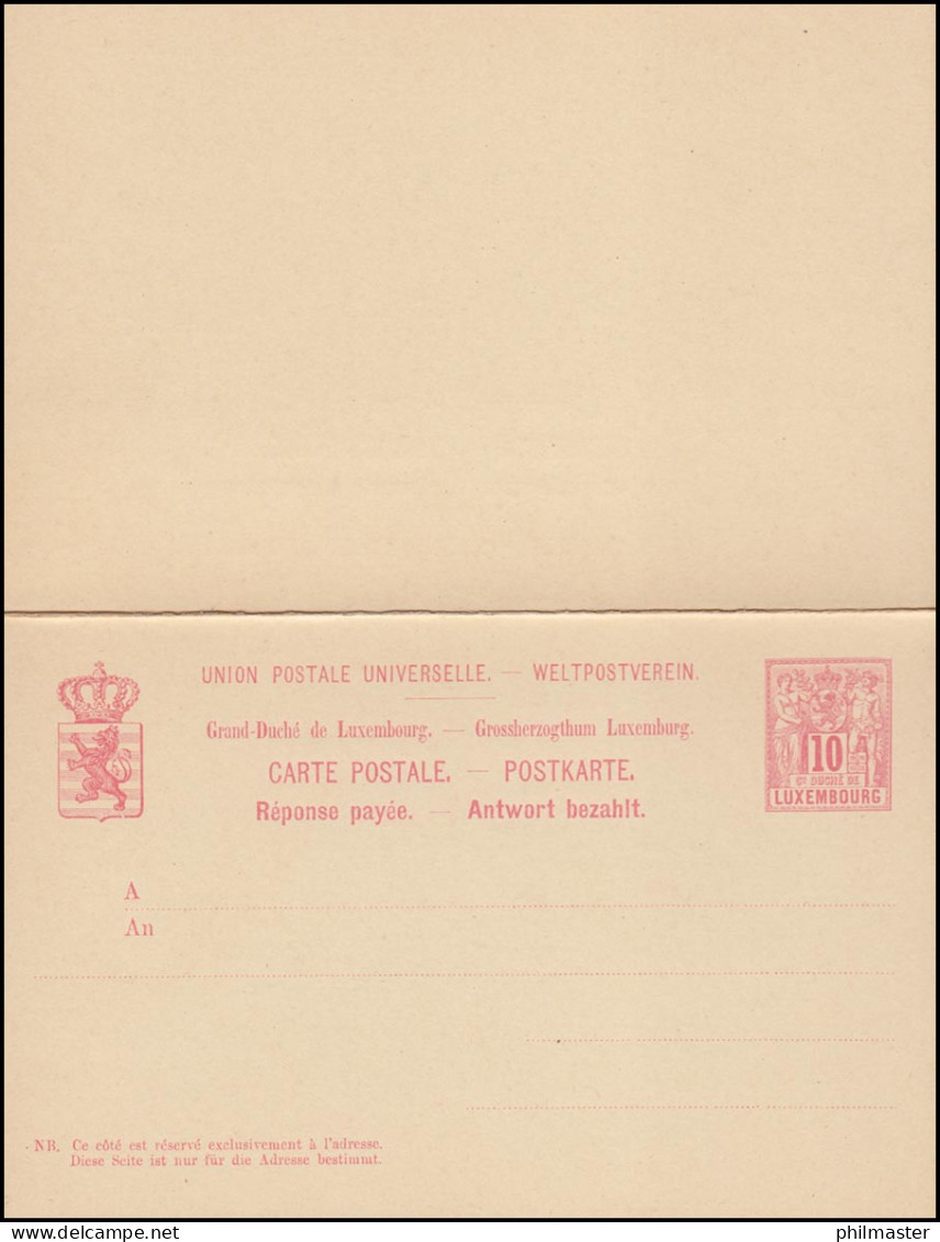 Luxemburg Postkarte P 52II Allegorie Doppelkarte 10/10 C., 139x90, Ungebraucht - Autres & Non Classés