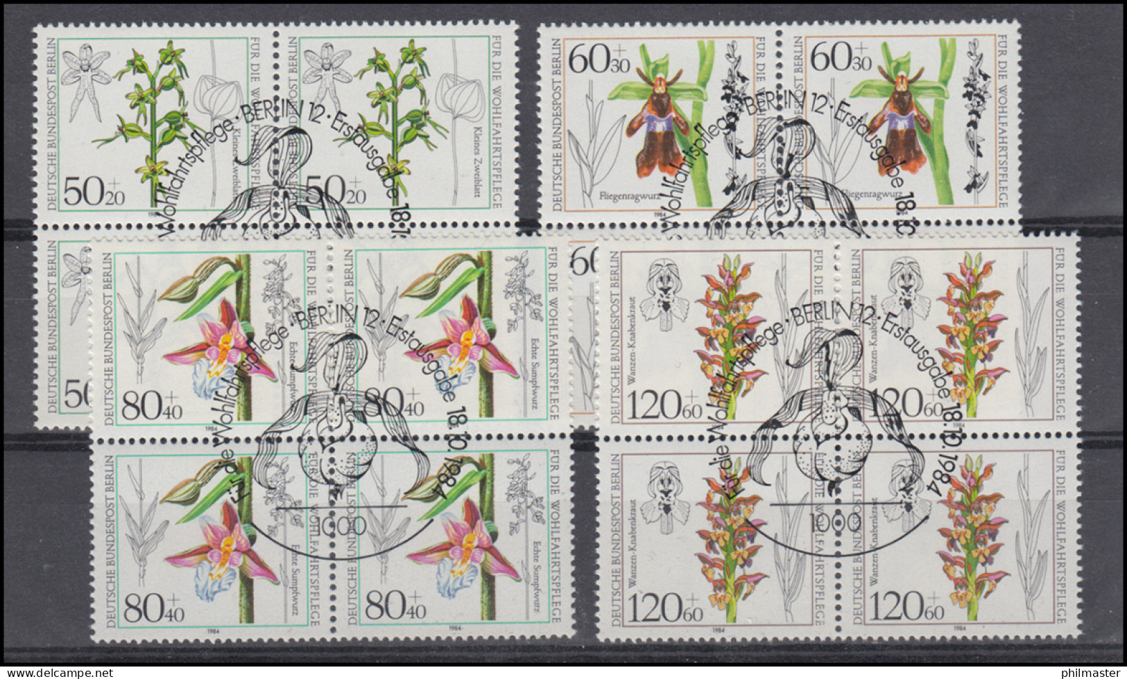 724-727 Wofa Orchideen 1984: Viererblock-Satz Zentrische ESSt BERLIN 18.10.84 - Usati