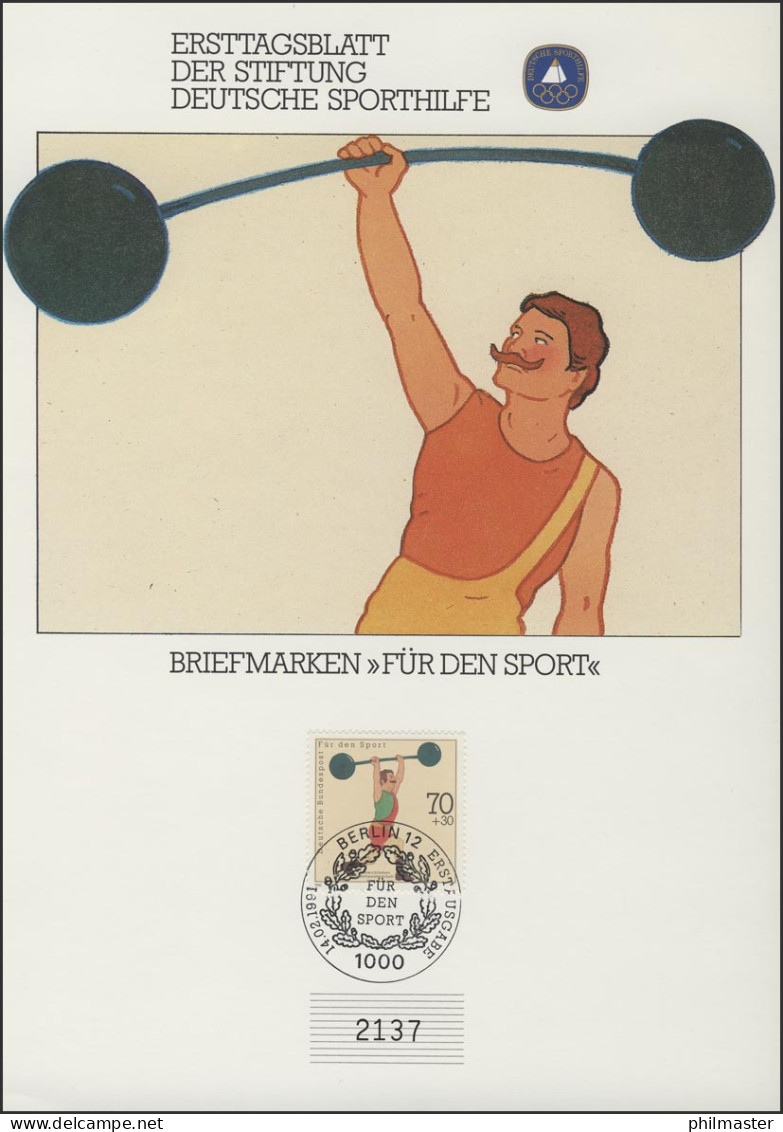 Ersttagsblatt Stiftung Deutsche Sporthilfe Gewichtheben Bund 1499 ESSt Berlin - Weightlifting